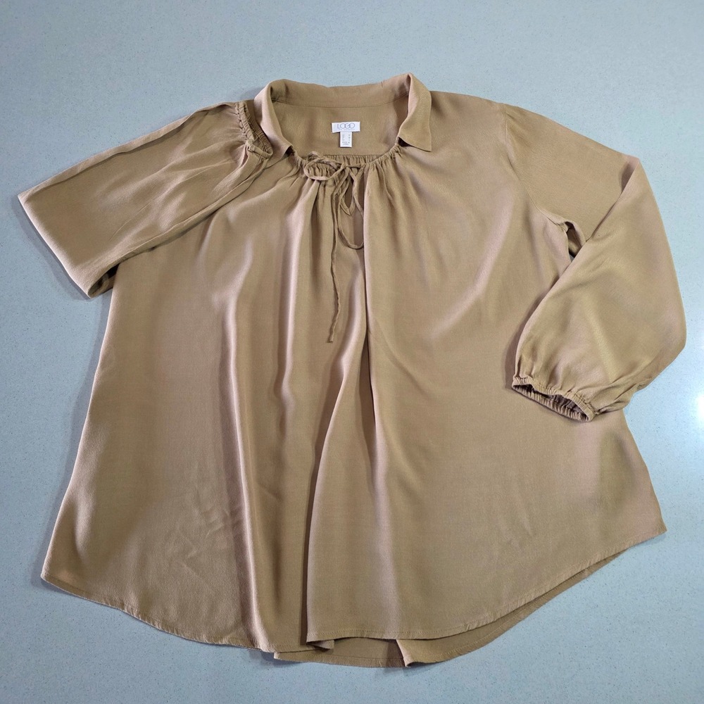 LOGO Lori Goldstein Womens Medium Tan Rayon Tie Neck Long Sleeve Blouse Top